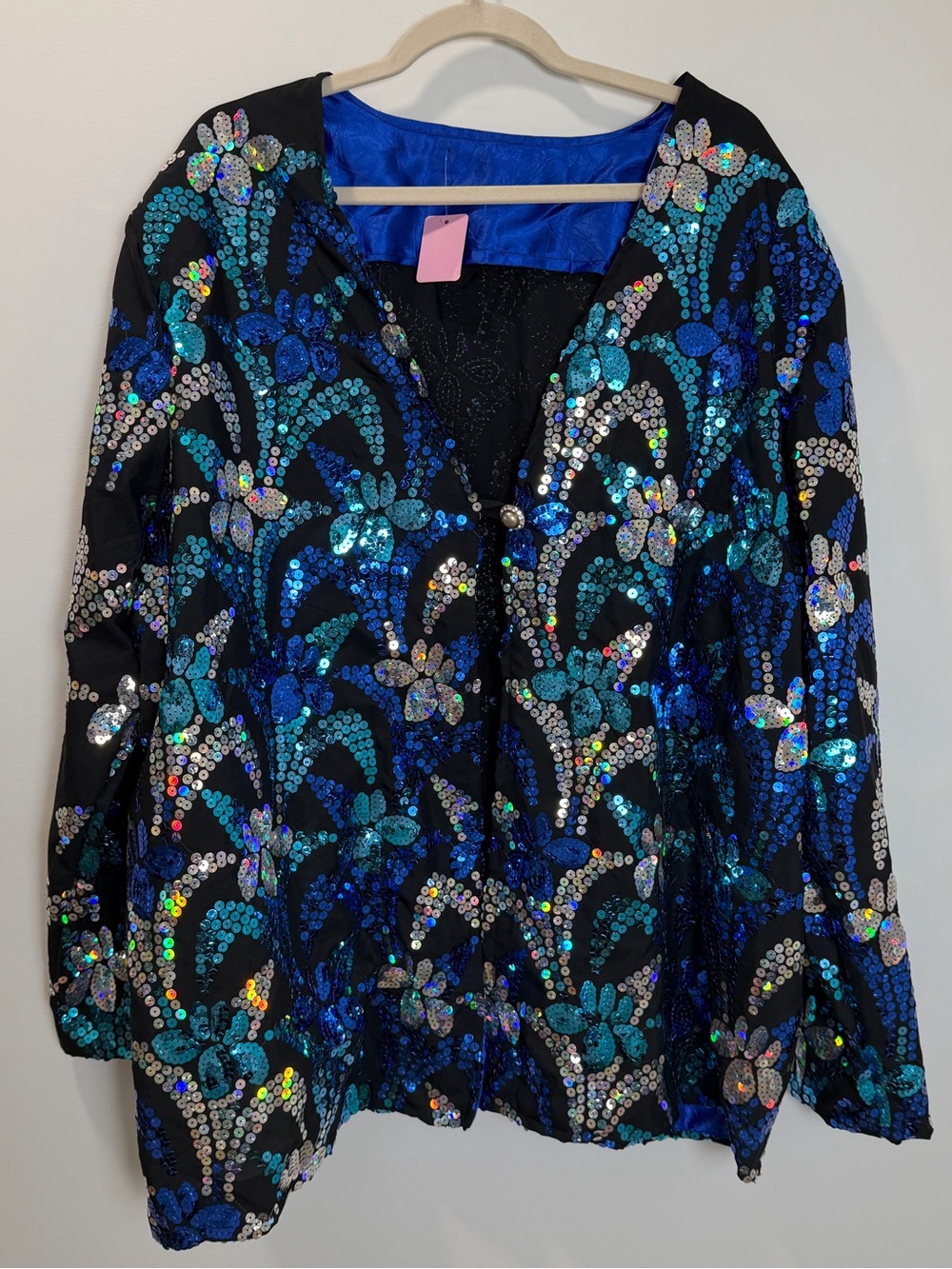 Vintage Blue Floral Sequin Evening Jacket Top Size 3X